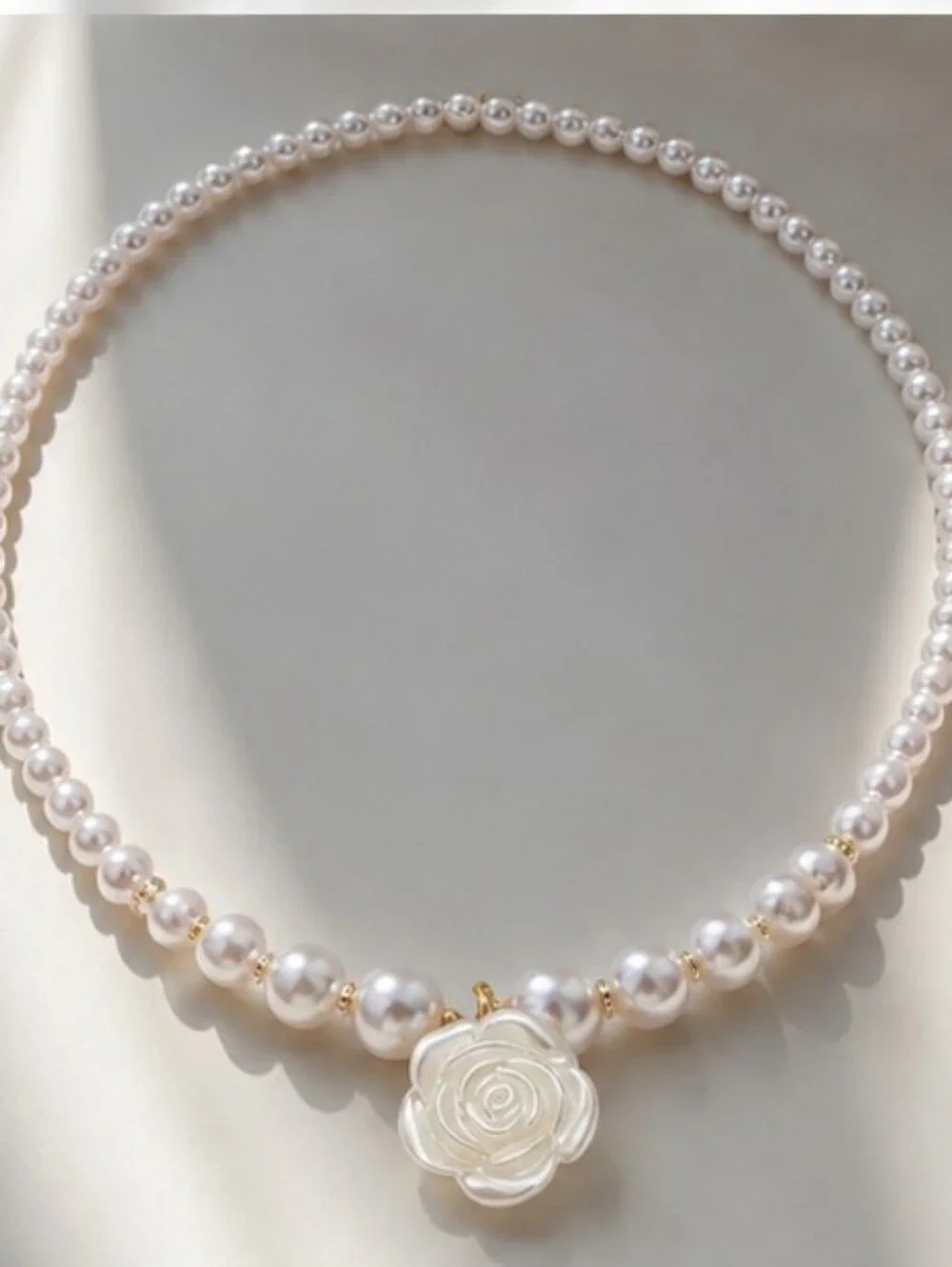 Pearl Rose Pendant Necklace & Bracelet Set with Ring - White Pearlescent